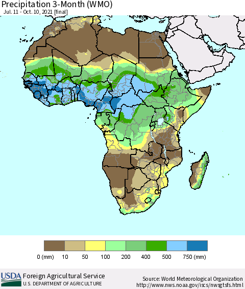 Africa Precipitation 3-Month (WMO) Thematic Map For 7/11/2021 - 10/10/2021