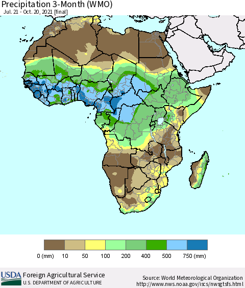 Africa Precipitation 3-Month (WMO) Thematic Map For 7/21/2021 - 10/20/2021
