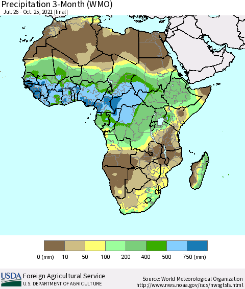 Africa Precipitation 3-Month (WMO) Thematic Map For 7/26/2021 - 10/25/2021