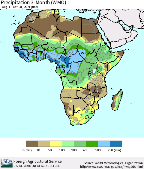 Africa Precipitation 3-Month (WMO) Thematic Map For 8/1/2021 - 10/31/2021