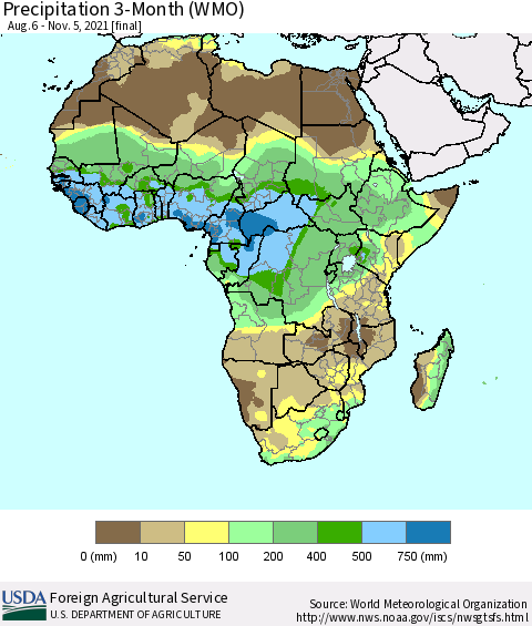 Africa Precipitation 3-Month (WMO) Thematic Map For 8/6/2021 - 11/5/2021