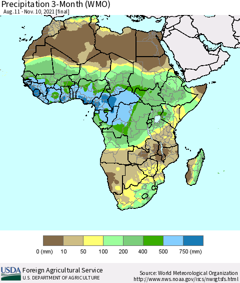 Africa Precipitation 3-Month (WMO) Thematic Map For 8/11/2021 - 11/10/2021