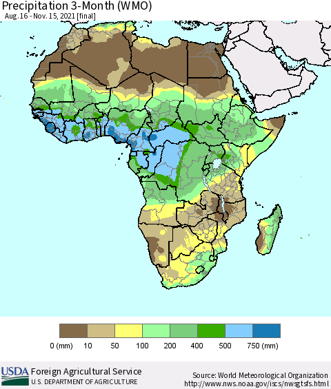 Africa Precipitation 3-Month (WMO) Thematic Map For 8/16/2021 - 11/15/2021