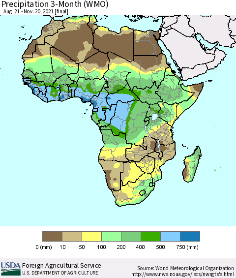 Africa Precipitation 3-Month (WMO) Thematic Map For 8/21/2021 - 11/20/2021