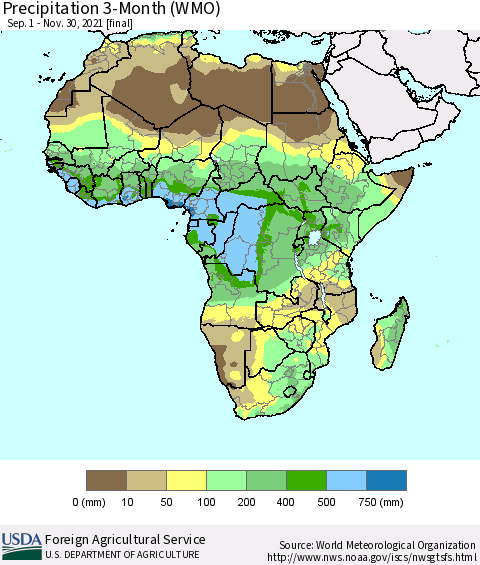 Africa Precipitation 3-Month (WMO) Thematic Map For 9/1/2021 - 11/30/2021