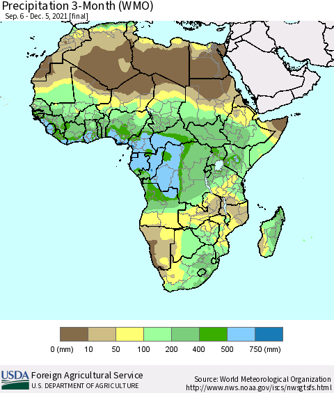 Africa Precipitation 3-Month (WMO) Thematic Map For 9/6/2021 - 12/5/2021