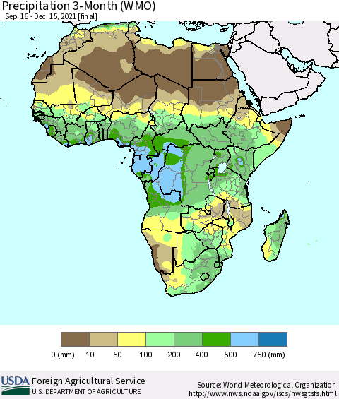 Africa Precipitation 3-Month (WMO) Thematic Map For 9/16/2021 - 12/15/2021
