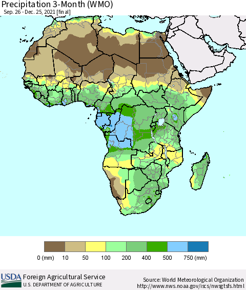 Africa Precipitation 3-Month (WMO) Thematic Map For 9/26/2021 - 12/25/2021