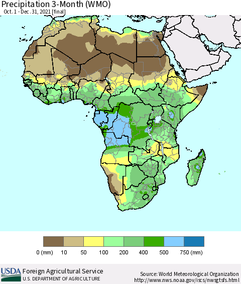 Africa Precipitation 3-Month (WMO) Thematic Map For 10/1/2021 - 12/31/2021