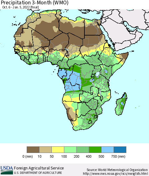 Africa Precipitation 3-Month (WMO) Thematic Map For 10/6/2021 - 1/5/2022