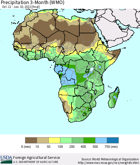 Africa Precipitation 3-Month (WMO) Thematic Map For 10/11/2021 - 1/10/2022