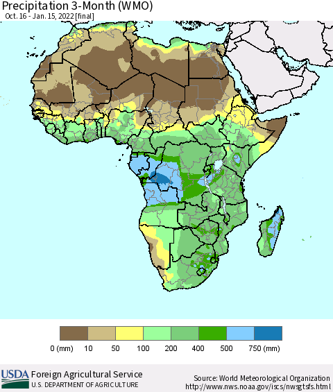 Africa Precipitation 3-Month (WMO) Thematic Map For 10/16/2021 - 1/15/2022