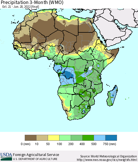 Africa Precipitation 3-Month (WMO) Thematic Map For 10/21/2021 - 1/20/2022