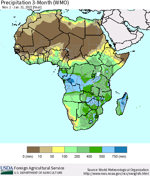Africa Precipitation 3-Month (WMO) Thematic Map For 11/1/2021 - 1/31/2022