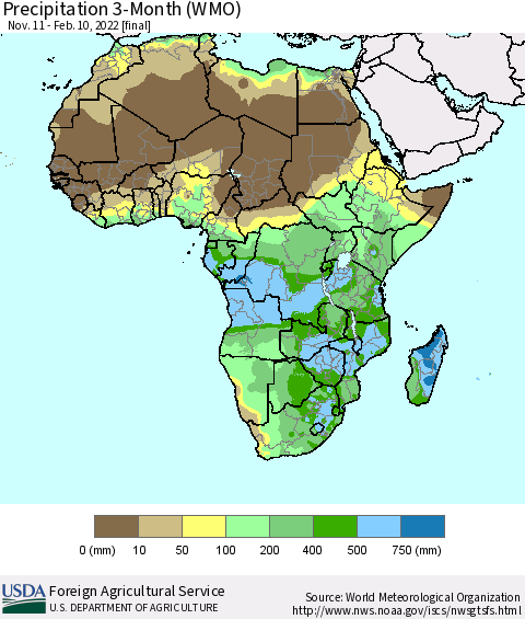 Africa Precipitation 3-Month (WMO) Thematic Map For 11/11/2021 - 2/10/2022