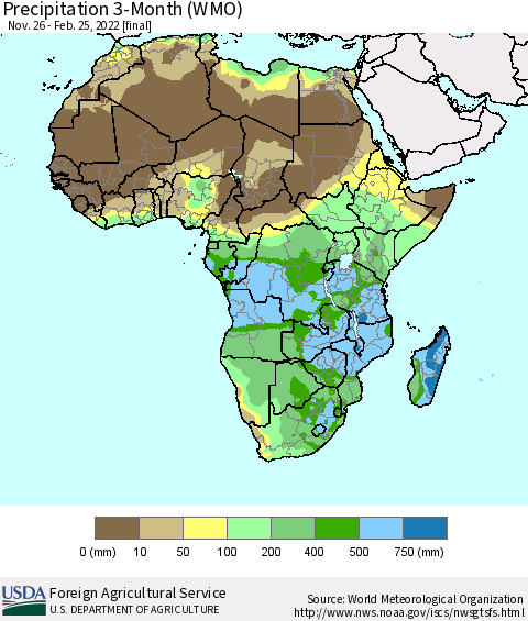 Africa Precipitation 3-Month (WMO) Thematic Map For 11/26/2021 - 2/25/2022