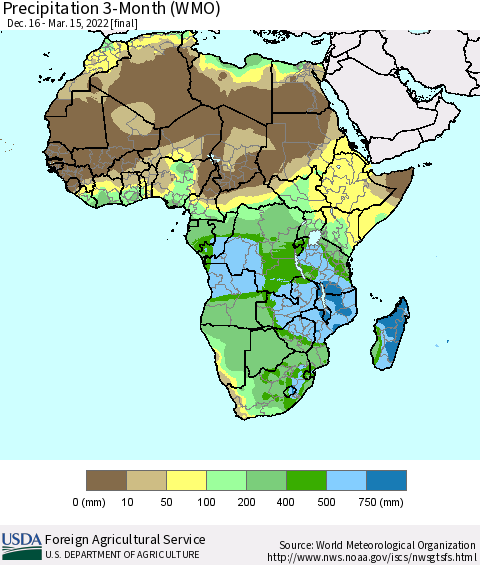 Africa Precipitation 3-Month (WMO) Thematic Map For 12/16/2021 - 3/15/2022