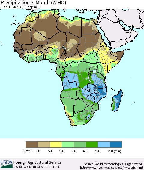 Africa Precipitation 3-Month (WMO) Thematic Map For 1/1/2022 - 3/31/2022