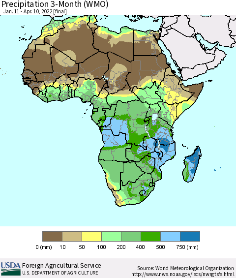 Africa Precipitation 3-Month (WMO) Thematic Map For 1/11/2022 - 4/10/2022