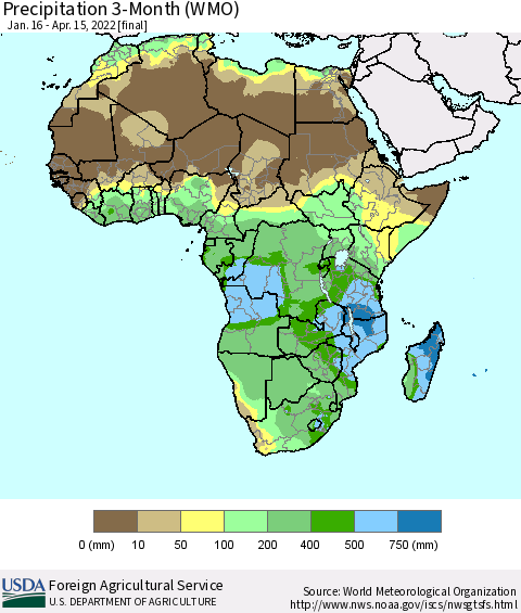 Africa Precipitation 3-Month (WMO) Thematic Map For 1/16/2022 - 4/15/2022