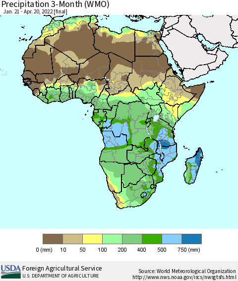 Africa Precipitation 3-Month (WMO) Thematic Map For 1/21/2022 - 4/20/2022