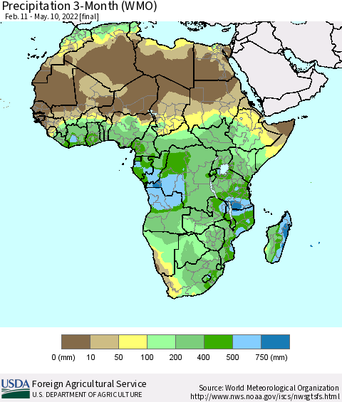 Africa Precipitation 3-Month (WMO) Thematic Map For 2/11/2022 - 5/10/2022