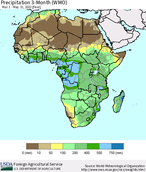 Africa Precipitation 3-Month (WMO) Thematic Map For 3/1/2022 - 5/31/2022