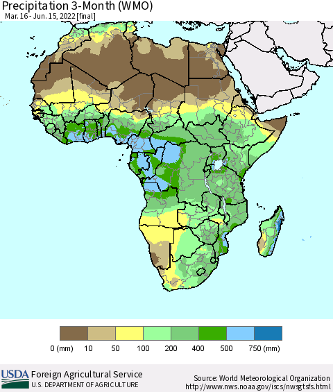 Africa Precipitation 3-Month (WMO) Thematic Map For 3/16/2022 - 6/15/2022