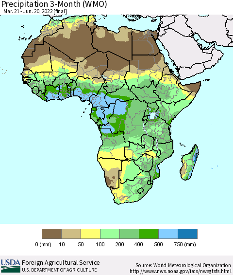 Africa Precipitation 3-Month (WMO) Thematic Map For 3/21/2022 - 6/20/2022