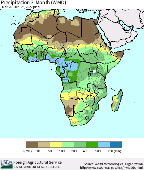 Africa Precipitation 3-Month (WMO) Thematic Map For 3/26/2022 - 6/25/2022
