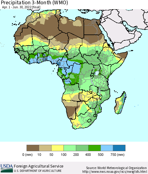 Africa Precipitation 3-Month (WMO) Thematic Map For 4/1/2022 - 6/30/2022