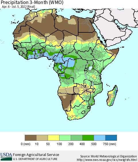 Africa Precipitation 3-Month (WMO) Thematic Map For 4/6/2022 - 7/5/2022