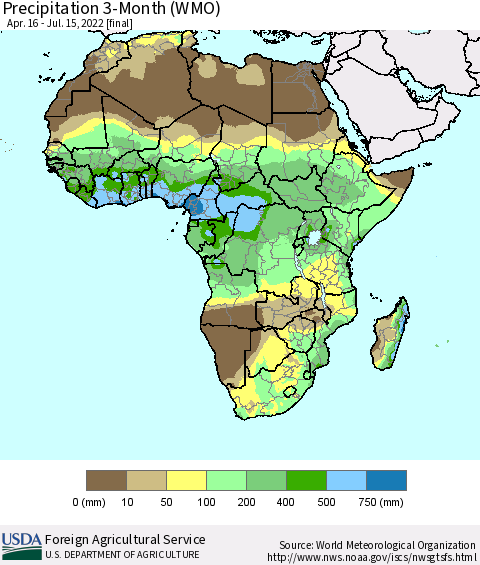 Africa Precipitation 3-Month (WMO) Thematic Map For 4/16/2022 - 7/15/2022