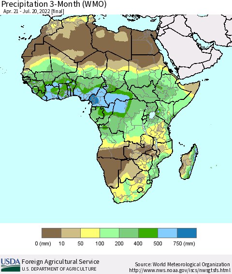 Africa Precipitation 3-Month (WMO) Thematic Map For 4/21/2022 - 7/20/2022