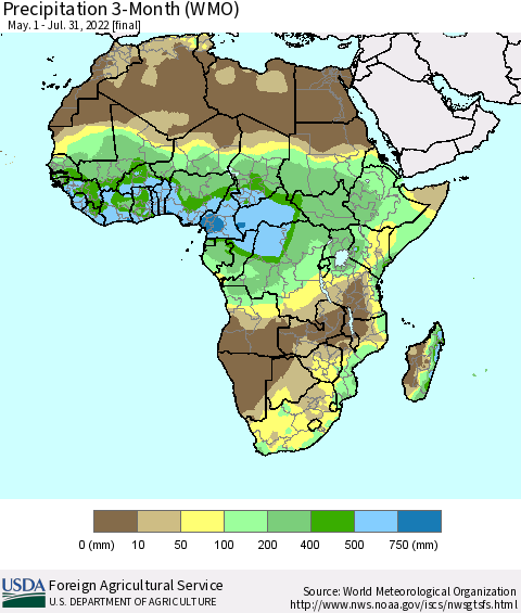 Africa Precipitation 3-Month (WMO) Thematic Map For 5/1/2022 - 7/31/2022
