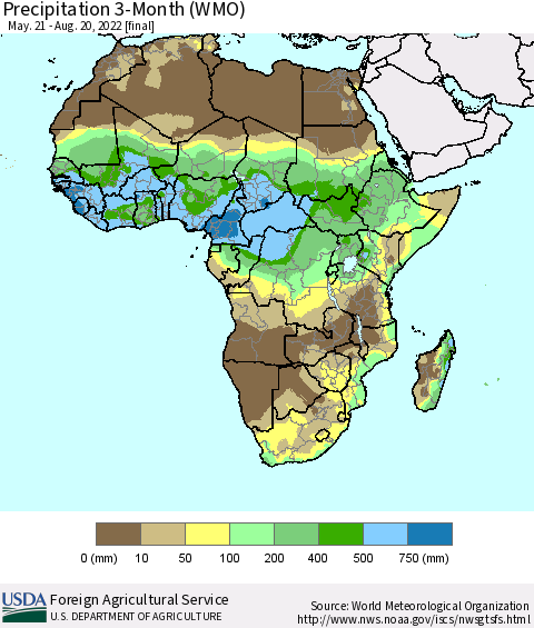Africa Precipitation 3-Month (WMO) Thematic Map For 5/21/2022 - 8/20/2022