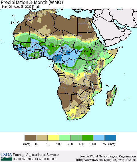 Africa Precipitation 3-Month (WMO) Thematic Map For 5/26/2022 - 8/25/2022