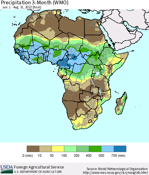 Africa Precipitation 3-Month (WMO) Thematic Map For 6/1/2022 - 8/31/2022