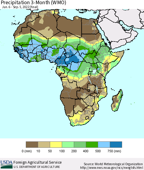 Africa Precipitation 3-Month (WMO) Thematic Map For 6/6/2022 - 9/5/2022