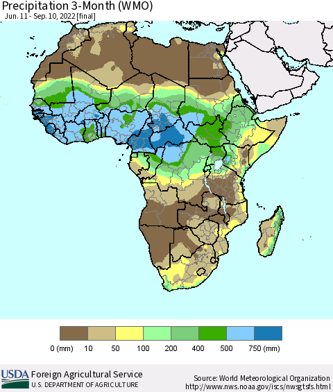 Africa Precipitation 3-Month (WMO) Thematic Map For 6/11/2022 - 9/10/2022