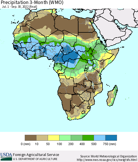 Africa Precipitation 3-Month (WMO) Thematic Map For 7/1/2022 - 9/30/2022