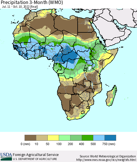 Africa Precipitation 3-Month (WMO) Thematic Map For 7/11/2022 - 10/10/2022