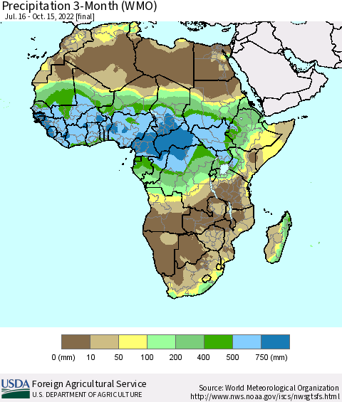 Africa Precipitation 3-Month (WMO) Thematic Map For 7/16/2022 - 10/15/2022