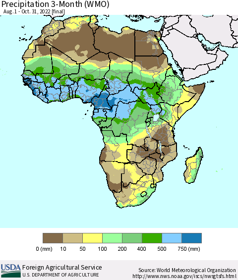 Africa Precipitation 3-Month (WMO) Thematic Map For 8/1/2022 - 10/31/2022