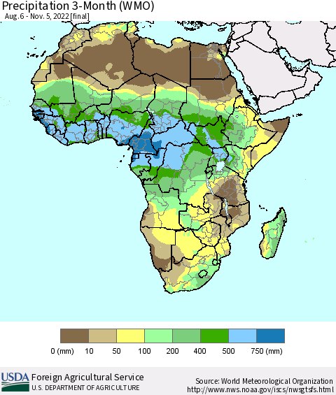 Africa Precipitation 3-Month (WMO) Thematic Map For 8/6/2022 - 11/5/2022