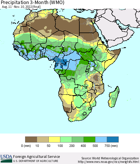 Africa Precipitation 3-Month (WMO) Thematic Map For 8/11/2022 - 11/10/2022