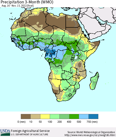 Africa Precipitation 3-Month (WMO) Thematic Map For 8/16/2022 - 11/15/2022