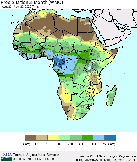 Africa Precipitation 3-Month (WMO) Thematic Map For 8/21/2022 - 11/20/2022