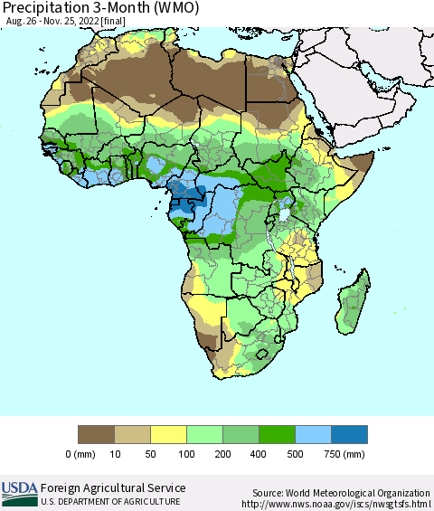 Africa Precipitation 3-Month (WMO) Thematic Map For 8/26/2022 - 11/25/2022