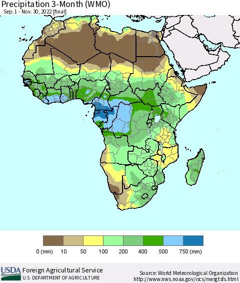 Africa Precipitation 3-Month (WMO) Thematic Map For 9/1/2022 - 11/30/2022